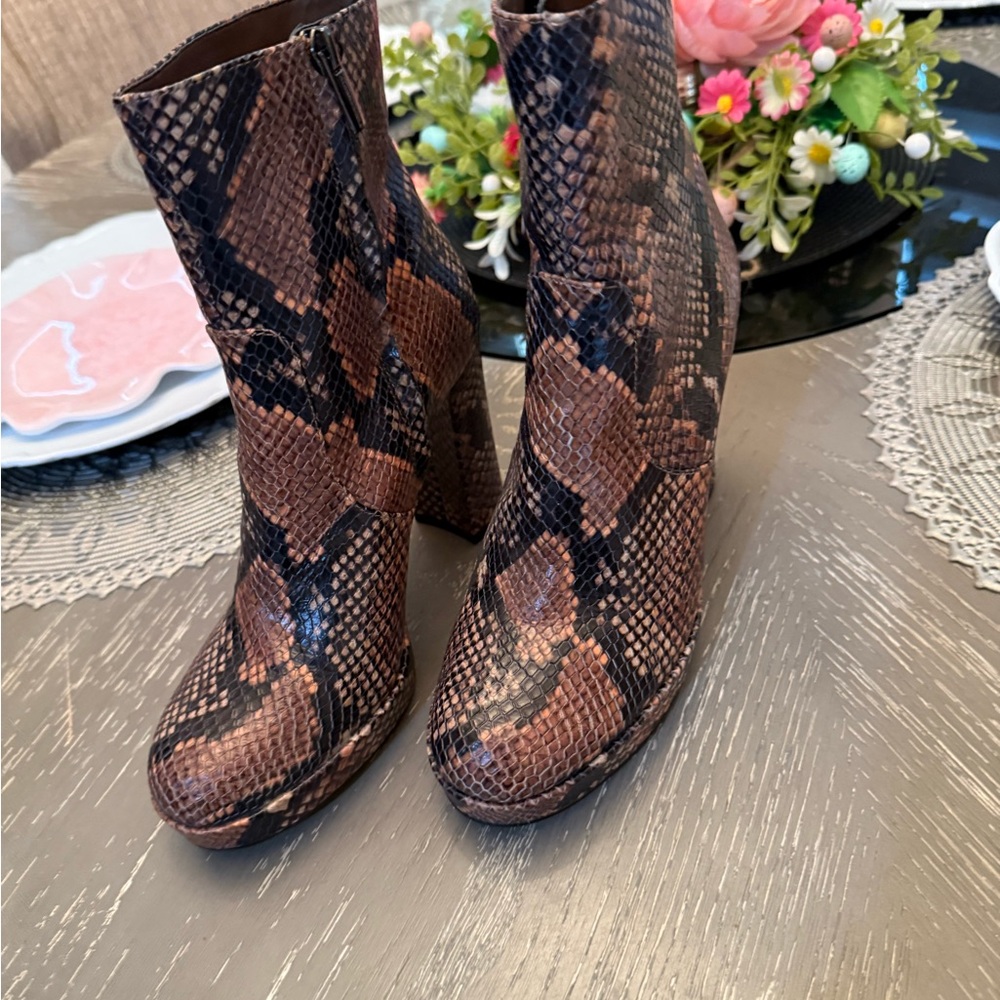 Vince Camuto Heeled Boots Brown and Black Snakeskin